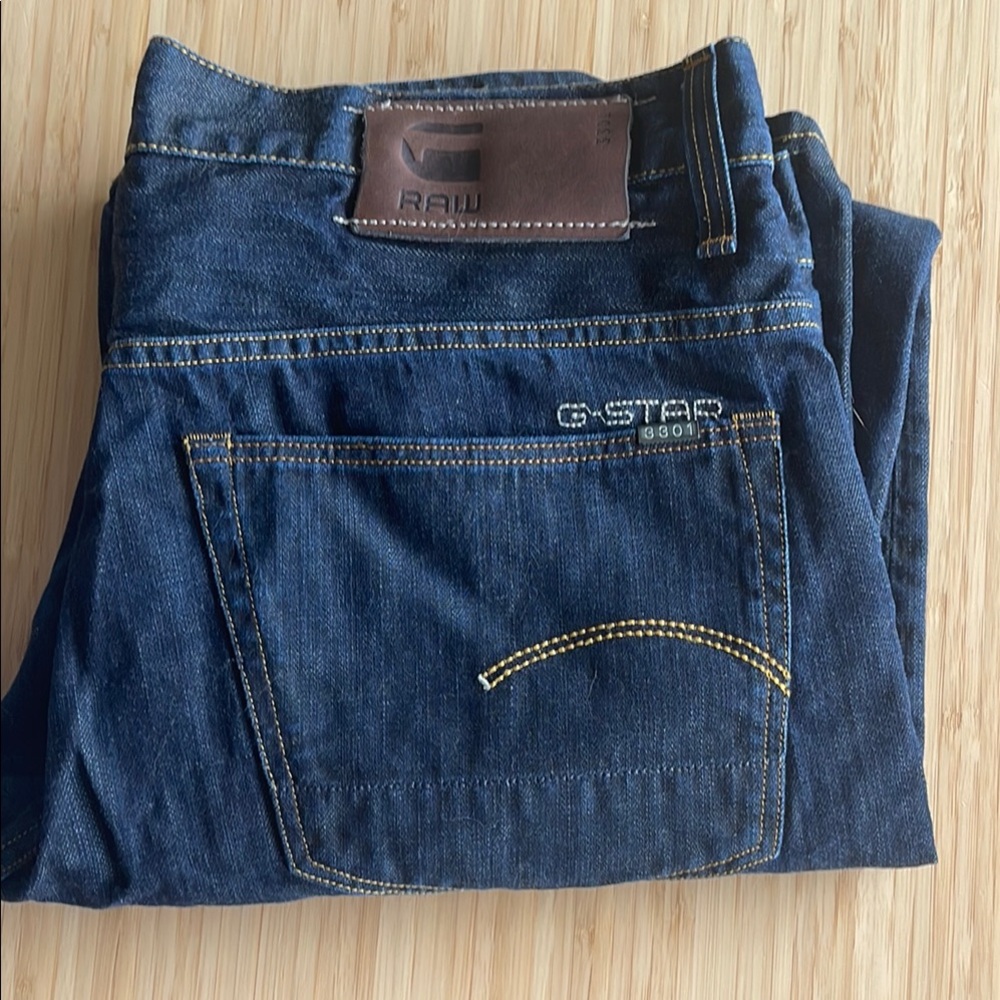 G-Star Blue Jeans with Leather Patch and Contrast Stitching